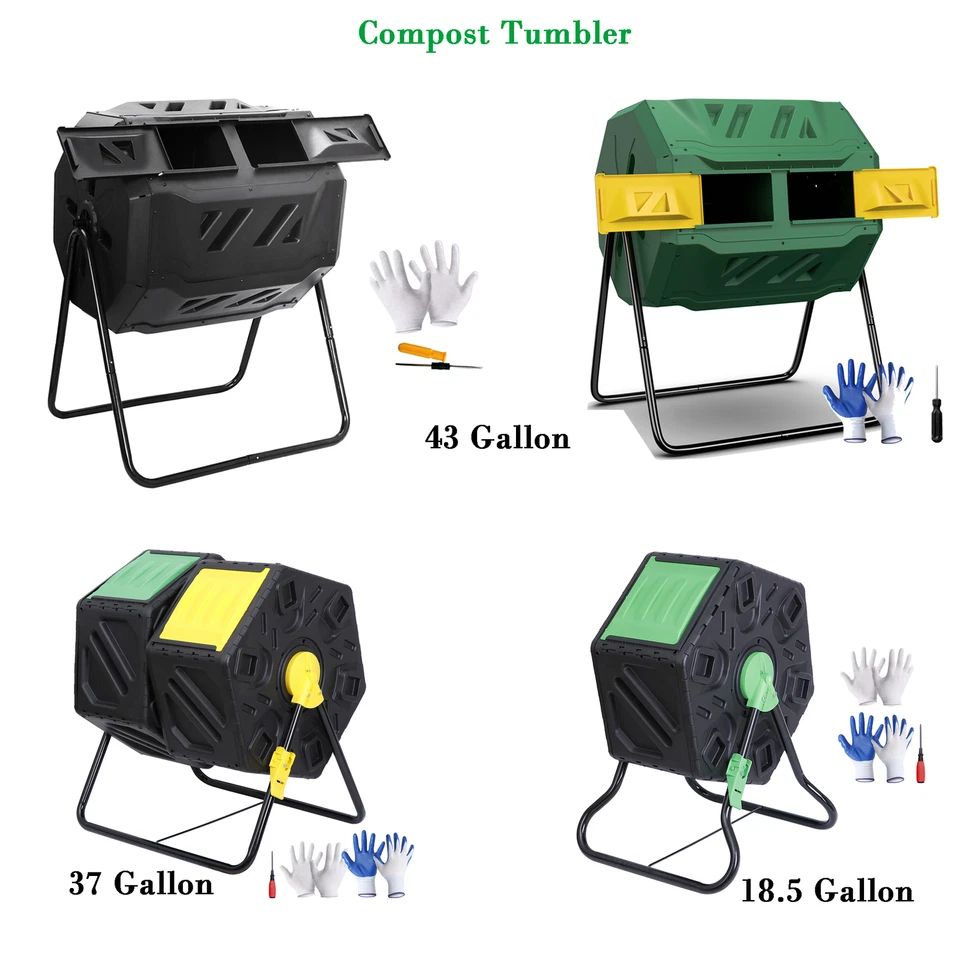 18.5/37/43 Gal Large Compost Tumbler Bin Chamber Rotating Composter Sliding Door - Image 1 of 1