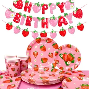 pink Strawberry Birthday Party Decoration Set Plates napkins banner Serves 16 - Picture 1 of 10