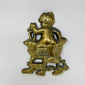 Vintage Brass Wall Hook Clothes Towel Keys Bathtub Child Frog Bathing - Picture 1 of 11