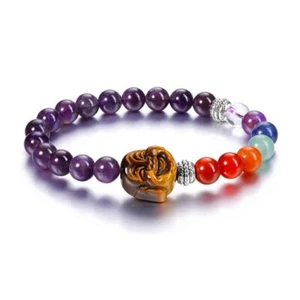 Round Beads Crystal Quartz Gemstone Bracelets Tiger Eye Stone Buddha's Head - Picture 1 of 12