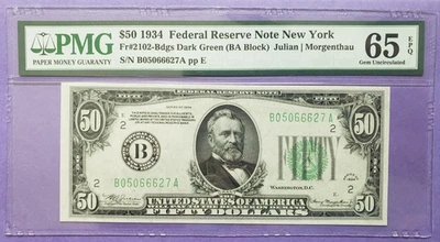 1934 $50 Federal Reserve Note PMG 65EPQ - Dark Green Seal New York - Fr 2102-B - Image 1 of 2