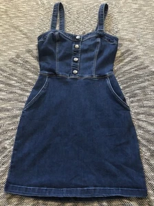 Hollister babydoll Denim Mini S Dress Dark Wash Pockets Y2K Schoolgirl Academia - Picture 1 of 7