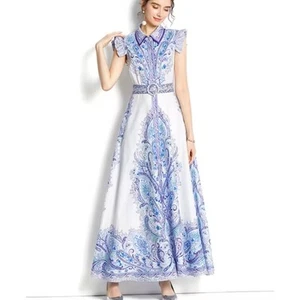 Abito Karolina elegante bianco blu paisley senza maniche con cintura maxi volant piccolo - Foto 1 di 9