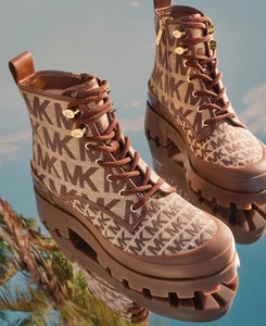 MICHAEL KORS PAYTON ICONIC MK PRINT COMBAT BIKER BOOTS US 7.5 9 10 I LOVE SHOES - Picture 1 of 6