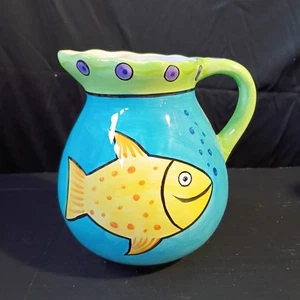 Jarra de agua amarilla para peces azul cerámica mango verde puntos morados Hausen Ware - Imagen 1 de 7