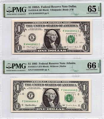 $1 Fancy Serial Number Pair; Seven In A Row 4s Mirrored Twins 14444444&44444441 - Image 1 of 4