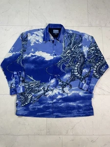 Impaq Dragon Shirt Size XL Button Up Blue Long Sleeve Graphic Casual Dress - Picture 1 of 13