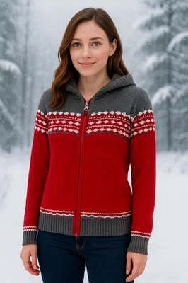 Cárdigan Covington Vintage Hecho en Japón Cremallera Completa Fair Isle Con Capucha Rojo Gris L Foto 1 de 4