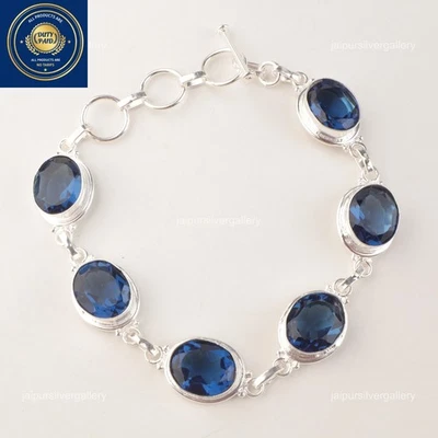 Brazalete de cadena de piedras preciosas de topacio azul de Londres facetado de diciembre de plata de ley 925 Foto 1 de 4