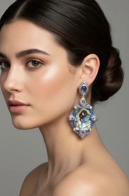 PENDIENTE ANGELIQUE DE PARIS LARGO ESTERLINA .925 PIEDRA LUNAR ABULÓN TOPACIO RARO $1800 Foto 1 de 4