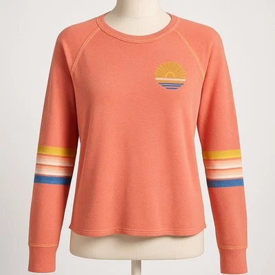 Maurices Coral Sunset Graphic Raglan Sweatshirt Womens M Pullover Crewneck - Image 1 of 4