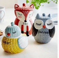 Knit Knitted Effect Tea Canister Fox Owl Head