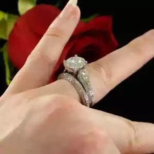 4Ct Round Lab-Created Diamond Bridal Engagement Ring Set 14K White Gold Plated - Picture 1 of 7