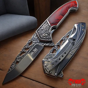 8" ART BLADE WOOD HANDLE TACTICAL SPRING ASSISTED FOLDING OPEN POCKET KNIFE - Picture 1 of 23