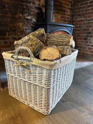 Rectangular Grey-wash Wicker Log Fireside Storage Basket with Hessian Liner - Image 1 of 4