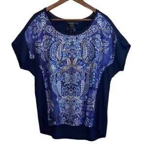 Desigual Top Womens XXL Blue Studded Damask Print Short Sleeve Shirt Artsy Chic