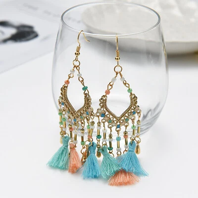 BOHO Seeds Beaded Earrings Fringe Tassel Bohemian Ethnic Dangle Drop Handmade - Image 1 of 4