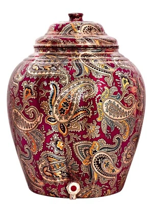 Pure Copper Water Dispenser Pot Matka Floral Printed Design 13 Liters, Maroon - Image 1 of 4