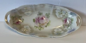 Vintage German Porcelain Dish Scalloped Oval Floral Roses With Handles - Picture 1 of 9
