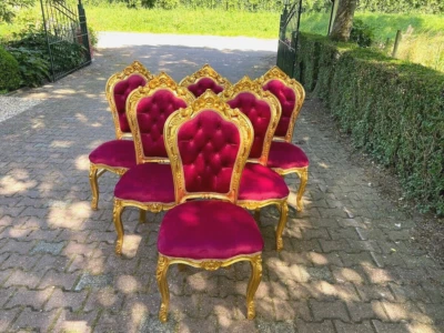 Chairs French Louis XVI – Red Velvet Upholstery & Gold Leaf Hand-Carved Frames - Image 1 of 4
