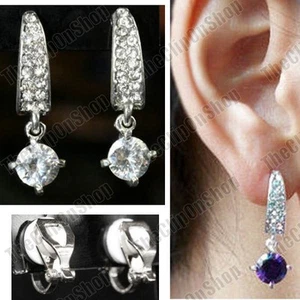 CLIP ON Cubic Zirconia DROP EARRINGS gold/silver rhinestone crystal CZ dropper - Picture 1 of 15