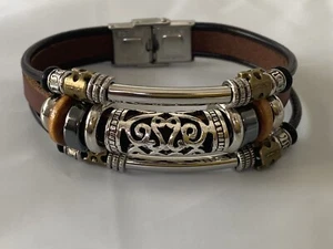 Men’s  Bali Style 3 Row Silver & Leather Like Bracelet Size 7.5” L - Picture 1 of 10