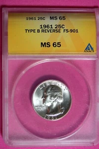 1961 - ANACS MS65 TYPE B REV FS-901 WASHINGTON QUARTER!!  #B28911 - Picture 1 of 2