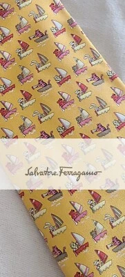 Salvatore Ferragamo Men’s 100% Silk Neck Tie Nautical Yellow Dog, Cat, & Bunny - Image 1 of 3