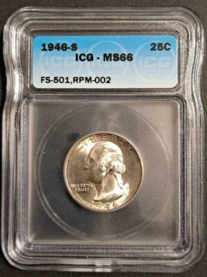 1946-S/S RPM-2 FS-501 Washington Silver Quarter- ICG MS66 -Great Variety-d6928 - Image 1 of 4