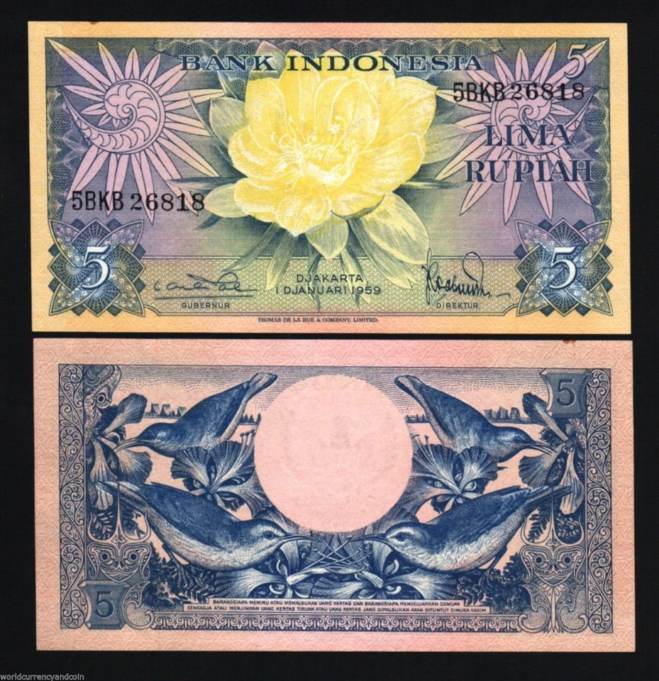 INDONESIA 5 RUPIAH P-65 1959 X 100 PCS LOT BUNDLE SUN BIRD FLOWER UNC MONEY NOTE - Image 1 of 1