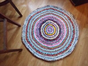 33" multi-colored round crocheted rag rug, handmade, very durable washable