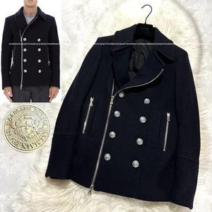 Authentic Good Condition Balmain HOMME Emblem Button Pea Coat Jacket 46 Black - Picture 1 of 13