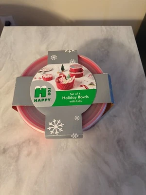 Juego de 4 cuencos navideños con tapas Bed Bath & Beyond - IMPRESIÓN DE BASTÓN DE CARAMELO - LEER MÁS ABAJO Foto 1 de 4