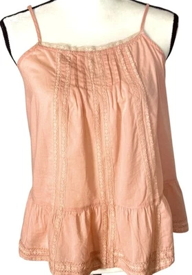 Y2k Boho Coastal Tank Top Pink XXL Sweet Cottagecore Coquette Lace Pintuck - Image 1 of 4