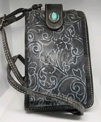 Montana West Floral Embroidered Phone Crossbody Black Wallet w/ Turquoise Snap - Image 1 of 4