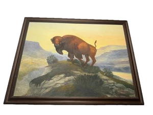 Pintura Original OIL BUFFALO Toro Arte Occidental Bisonte "Escudo de Guerra 68" 26"x21" - Imagen 1 de 11