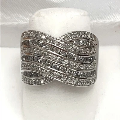 14K White Gold Genuine Natural Diamond 1.135 TCW Cocktail Wave Ring Size 6.5 - Image 1 of 4