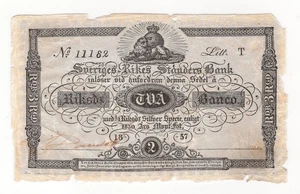 SWEDEN  2 Riksdaler Banco  1857  P:A124b  VF-  Sweriges Rikes Standers Bank - Picture 1 of 2