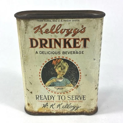 Antigua lata de bebidas Kellogg Toasted Corn Flake Co. de 1915 coleccionable Foto 1 de 4