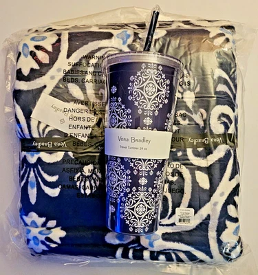Vera Bradley Fleece Throw Blanket and Tumbler in Steel Blue Medallion NWT - Image 1 of 4