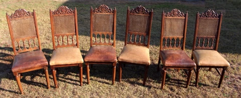 Six Antique 19th Century French Henri II Cane & Leather Side Dining Chairs Cover