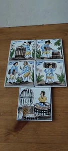 Collection of 5 Ceramic Tiles Depicting Wine Making - 7.5cm Sq. - Cork Backed - Picture 1 of 17