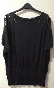 South black top with sequins, short sleeves, back keyhole neckline, size 16 - Picture 1 of 5