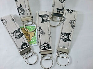 Cat Kitten Heads natural fabric keyfob zip pull keyring or bag tag teacher gift