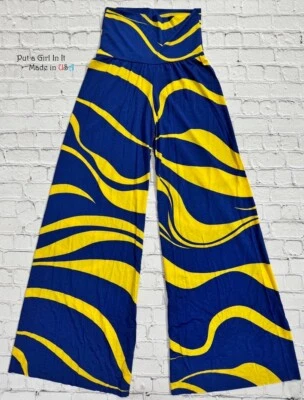 New USA Womens JUP HIGH WAISTED NAVY BLUE YELLOW BOHO SILKY PALAZZO PANTS S M L - Image 1 of 3