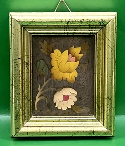 Italian Inlaid Wood Marquetry Flowers Gold Frame Art Wall Hanging 4"x4.75" VTG - Picture 1 of 13