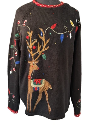 Vtg 90s Tiara International Ugly Christmas Sweater SZ L Blingy Reindeer Black - Image 1 of 4