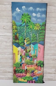 ARTIST: Alaby Haitian Village Painting on Canvas 29 1/2 x 12  Vibrant Colorful  - Picture 1 of 21