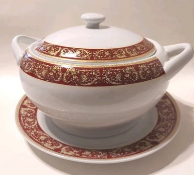 Sopera y placa base vintage Royal Vienna blanca roja y dorada con tapa grande  Foto 1 de 4