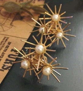 MCM Atomic Gold Tone Triple Starburst w/Pearly Centers Clip on 1.5" Earrings! - Picture 1 of 10